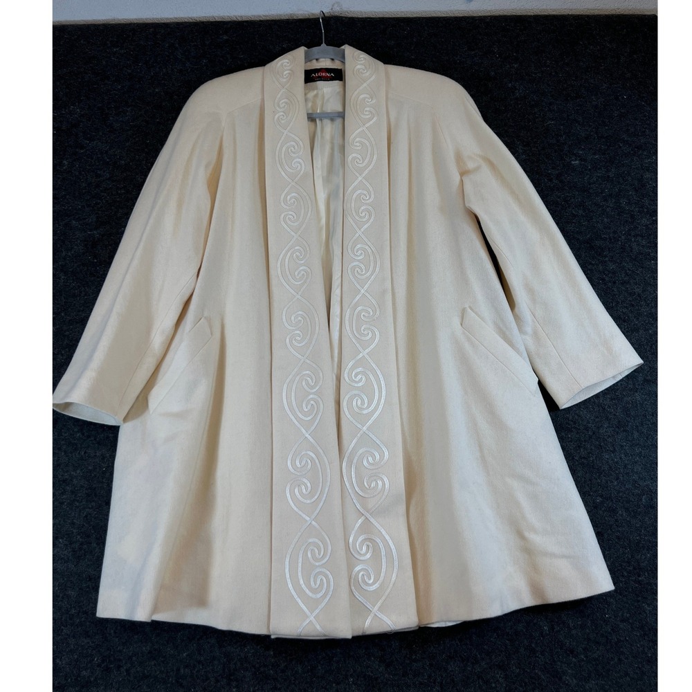 Vintage Alorna 100% Wool Embroidered Open Front Coat Shawl Cream Women Large USA